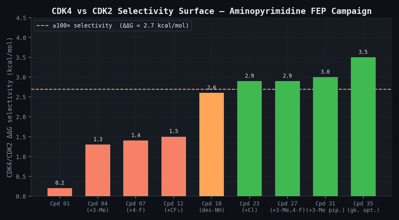 CDK4/CDK2 selectivity ΔΔG surface — 9 priority compounds