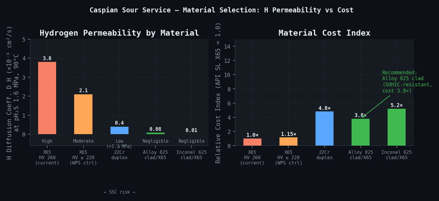 Material SOHIC/SSC risk vs cost — hydrogen diffusivity comparison for 6 material options at pH₂S 1.6 MPa